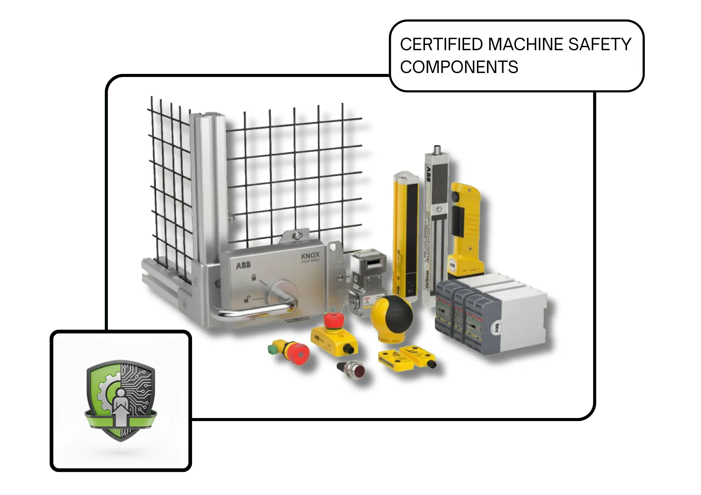 Certified machine safety components from Techno Matrix, including light curtains, safety relays, sensors, and locking systems for enhanced worker protection and machine safety.