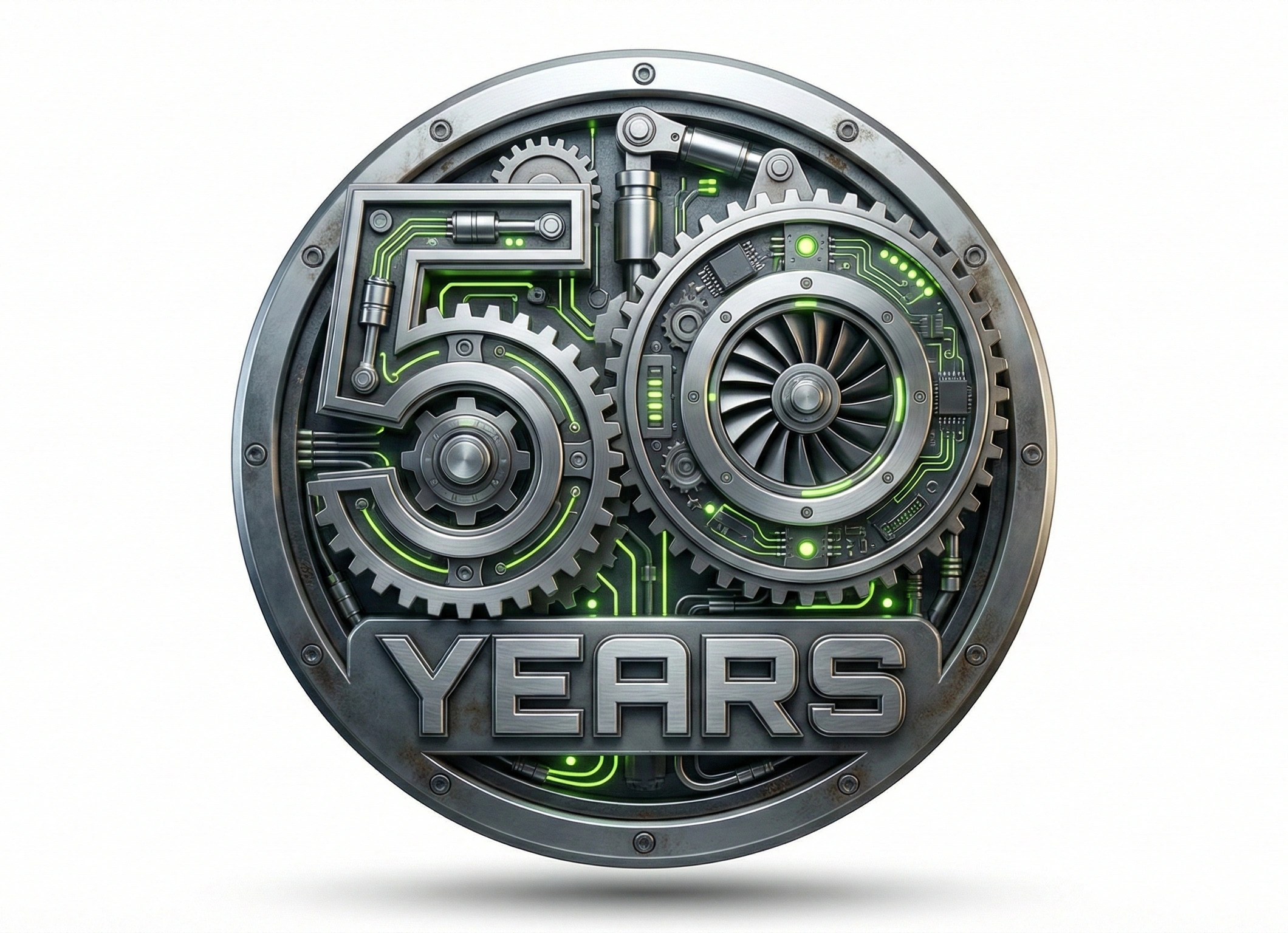 50 years of combined industry experience shown through a 3D industrial automation icon with gears, circuits and engineering elements