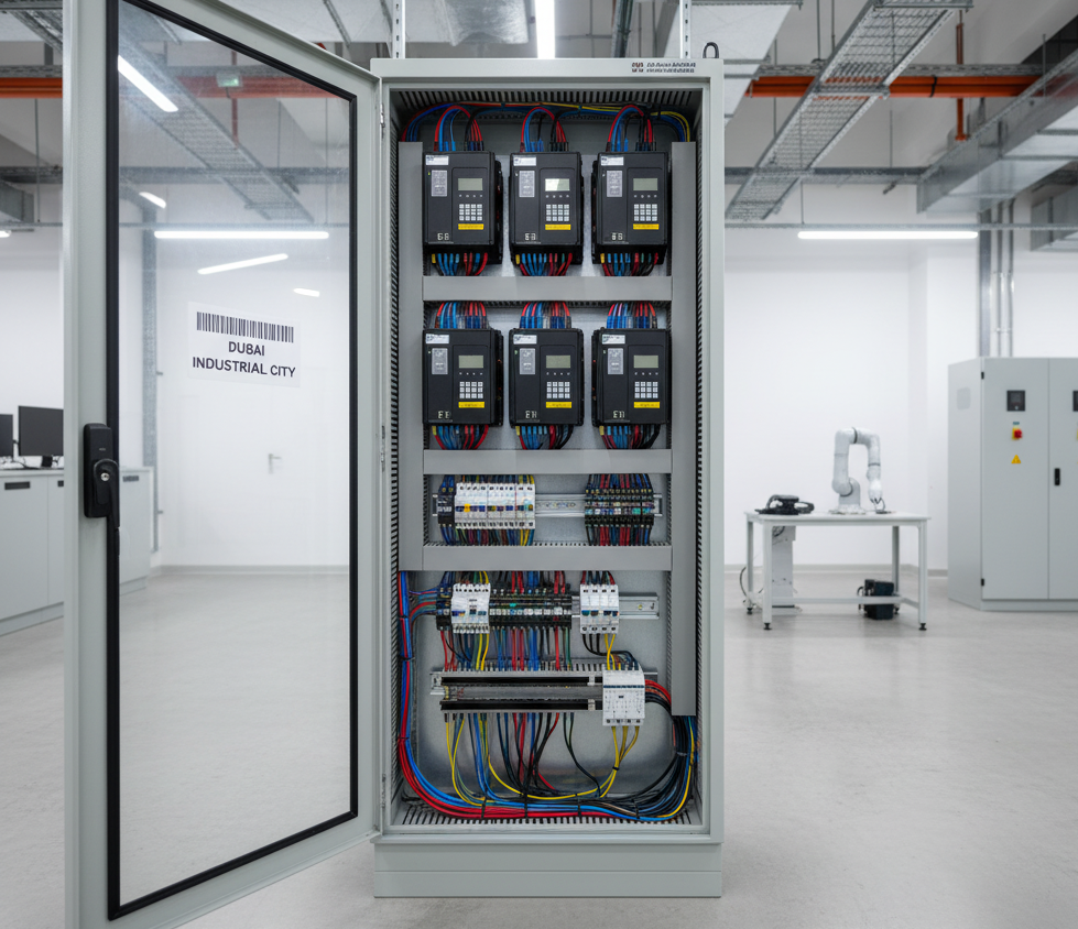 Industrial applications of VFDs in Dubai including HVAC systems, pumps, conveyors, and automated facilities.