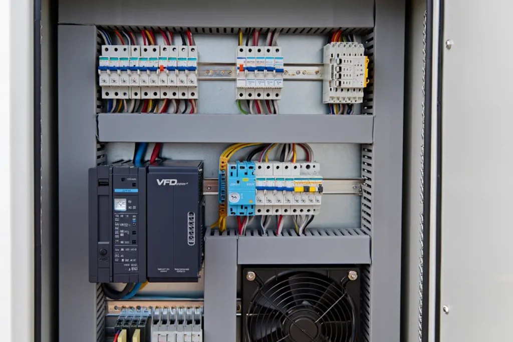 Internal components of a VFD control panel including VFD drive, protection devices, and control wiring for industrial motor control.