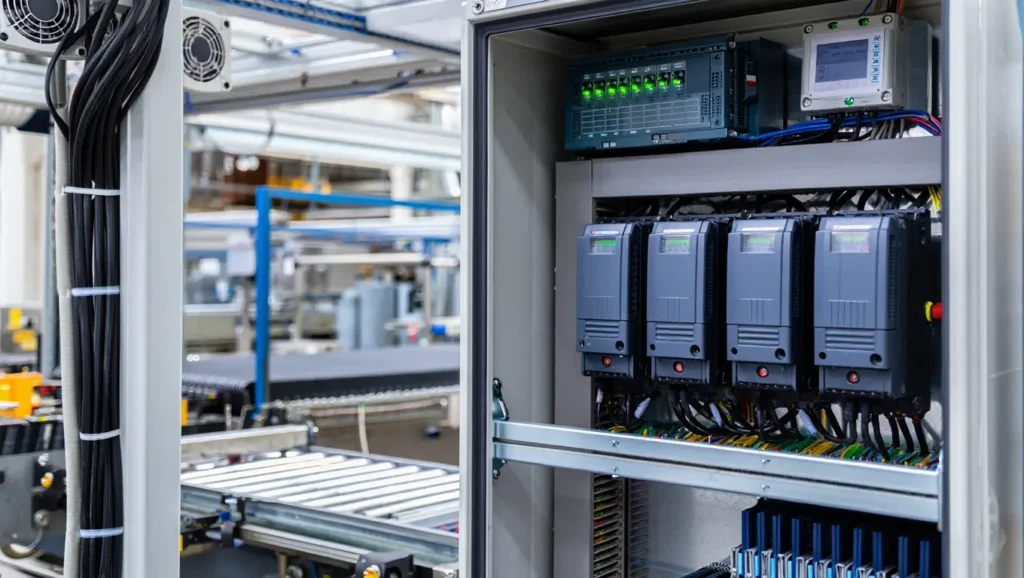 industrial technician performing VFD repair and maintenance on drive system