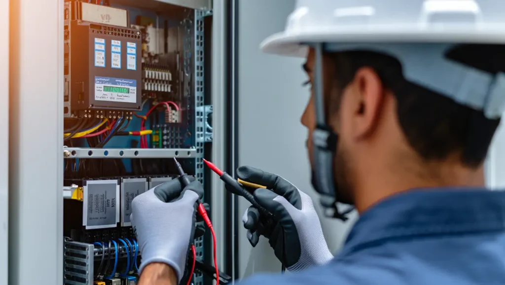 Industrial VFD repair technician diagnosing drive panel in UAE facility