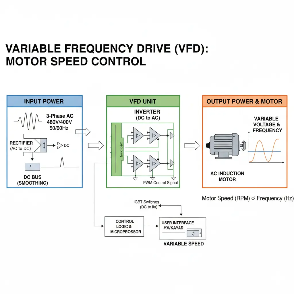 Diagram explaining what is VFD and how a variable frequency drive controls motor speed in industrial applications.